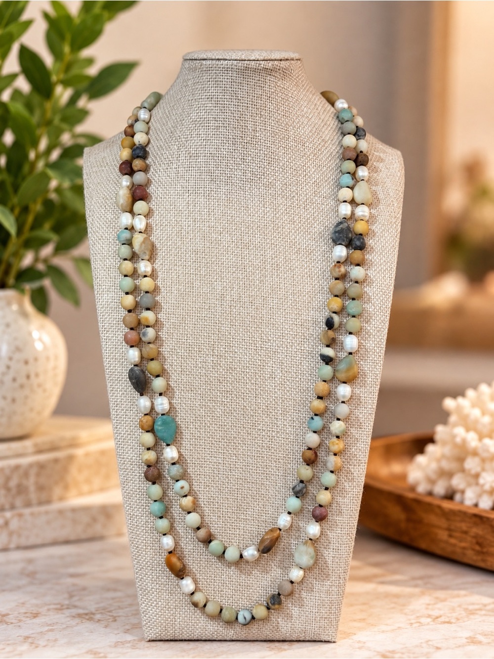 Amazonite Freshwater Pearl Artisan Hand Knotted Necklace 60”